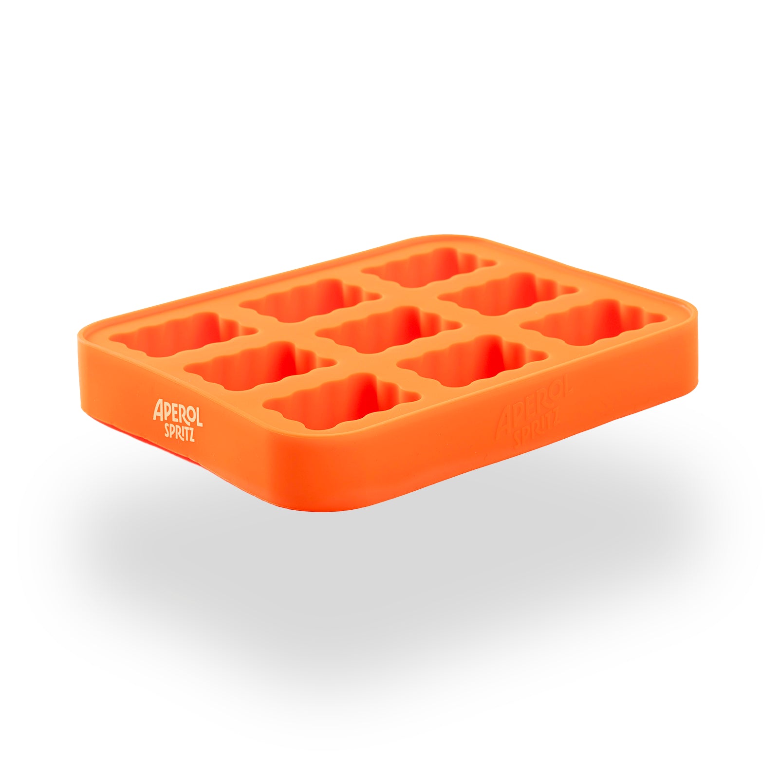 Angled view of an orange Aperol Spritz silicone ice cube tray featuring nine wavy-edged compartments with the Aperol Spritz logo embossed on the side
